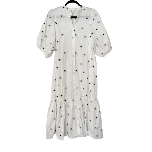 Zara White Cotton Embroidered Midi Dress with Puffed Sleeves - Picture 1 of 5